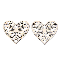 Blanco Antiguo Enlaces de carpinteros de filigrana de madera de álamo natural sin terminar, formas de madera cortadas con láser, corazón, blanco antiguo, 74x80x2.5 mm