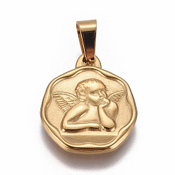 Золотой 304 подвески из нержавеющей стали, плоские круглые с ангелом, золотые, 20.5x18x2 мм, отверстие : 4x7 мм