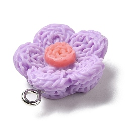 Lilac Opaque Resin Pendants, Flower Charms with Platinum Plated Iron Loops, Lilac, 20x18x6mm, Hole: 2mm