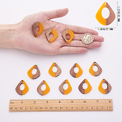 Gold Resin & Wood Pendants, Teardrop, Gold, 32.5x27.5x2.5~4mm, Hole: 1.5mm, 12pcs/box