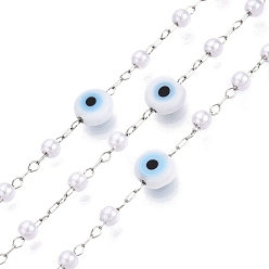 Нержавеющая Сталь Цвет Цепочки из бусин ручной работы и искусственного жемчуга, для ожерелья браслеты решений, с 304 цепями из нержавеющей стали, пайки, цвет нержавеющей стали, 6x4 мм, имитация груши: 3мм в диаметре, Ссылки: 2x1.5x0.2 мм & 2.5x1x0.2 мм, Интервал: 57 мм, около 10 м / рулон