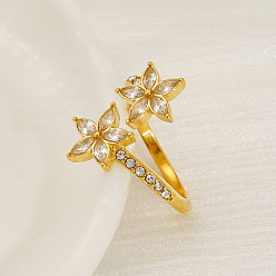 Цветок 304 Кольца-манжеты из нержавеющей стали с микропаве из кубического циркония и стразами, золотые, для женщин, цветок, 21 мм, внутренний диаметр: 17.4 мм
