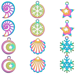 Rainbow Color 12Pcs 6 Style 201 Stainless Steel Pendants, Mixed Shapes, Rainbow Color, 2pcs/style