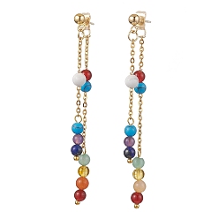 Golden Natural Mixed Stone Ear Studs, with 304 Stainless Steel Cable Chains, Round, Stud Earrings, Golden, 66x5mm