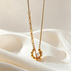 Round 304 Stainless Steel & White Imitation Pearl Pendant Necklaces, Real 18K Gold Plated, Round, 15.75 inch(40cm), pendant long: 20mm