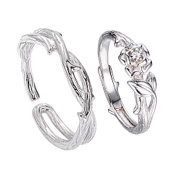 Platinum Anti-Tarnish Thorn & Rose 925 Sterling Silver Couple Rings, Vintage Design Open Ring Gift, Platinum, Female Inner Diameter: US Size 6(16.5mm), Male Inner Diameter: US Size 8(18mm)