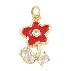 Красный Латунные микро проложить кубического циркония подвески, с эмалью, , долговечный, стойки покрытие, без свинца и без кадмия, реальный 18 k позолоченный, красные, 19x11.5x3 мм, отверстие : 3.2 мм