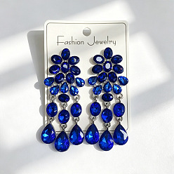 Capri Blue Alloy Rhinestone Flower Teardrop Stud Dangle Earrings for Women, Golden, Capri Blue, 65mm