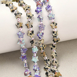 Смешанные камни 4 Виды бусин: синтетическая императорская яшма, натуральная живописная яшма, унакит и далматинская яшма., звезда, с бисером, смешанные окрашенные и неокрашенные, 6x5.5x2.5 мм, отверстие : 1 мм, около 54 шт / нитка, 15.35'' (39 см) ~ 15.55'' (39.5 см)