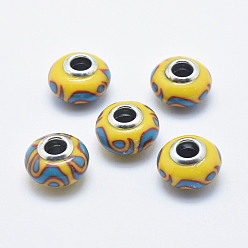 Gold Handgemachte  europäischen Fimo-Perlen, mit versilberten Messingkernen, Großloch perlen, Rondell, Gold, 13~16x8~11 mm, Bohrung: 4.5~5 mm