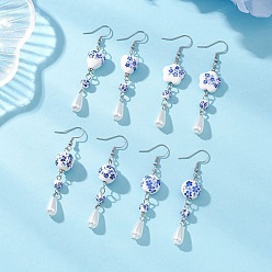 Платина 4 пары фарфоровых серег ручной работы, с фурнитурой для сережек из сплава в тибетском стиле и АБС-пластика, имитирующей жемчуг, а также из железа и нержавеющей стали, круглый и цветочный, платина, 304 мм