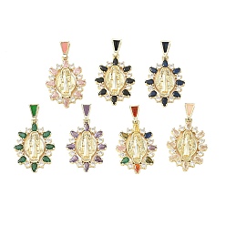 Mixed Color Religion Brass Pave Cubic Zirconia Pendants, with Enamel, Oval with Saint Benedict Charms, Lead Free & Cadmium Free, Long-Lasting Plated, Rack Plating, Real 18K Gold Plated, Mixed Color, 36mm, Pendant: 29x20x4mm, Hole: 5.5x3mm