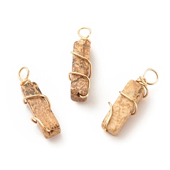 Picture Jasper Natural Picture Japser Pendants, with Golden Tone Copper Wire Wrapped, Cuboid, 19~20x6x6mm, Hole: 2.5~3mm