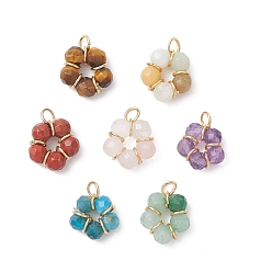 Смешанные камни 7 шт. 7 стили: натуральная красная яшма, аметист, тигровый глаз, розовый кварц, апатит, цветочный амазонит, зеленый авантюрин, граненые круглые бусины в виде цветов, с 304 кольцами из нержавеющей стали, золотые, 10~11x11x4 мм, отверстие : 2.5 мм, 1 шт / стиль