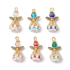 (52) Непрозрачная лаванда Граненые подвески стекла, ангельское очарование, с крылом из античного золотого сплава и золотой железной петлей, стеклянными бусинами и стеклянными перламутровыми бусинами, разноцветные, 26x14x11 мм, отверстие : 2 мм