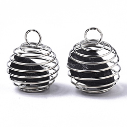 Mixed Stone Iron Wrap-around Spiral Bead Cage Pendants, with Natural & Synthetic Mixed Stone Beads inside, Round, Platinum, 21x24~26mm, Hole: 5mm