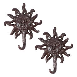 Bronce de cañón Gancho de pared rústico de hierro fundido con forma de cara de sol., gancho decorativo para abrigos, teclas, toallas, gunmetal, 155x127x30 mm