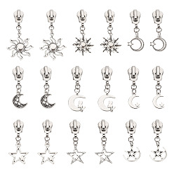 Античный Серебристый & Платиновый 18 шт 9 стили сплава сменные молнии слайдеры с солнце луна звезды подвески, для багажа чемодан рюкзак куртка сумки пальто, старинное серебро и платина, 44~60 мм, 2 шт / стиль
