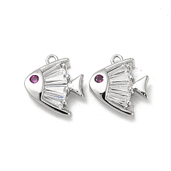 Платинированный Латунные микро проложить кубического циркония прелести, без кадмия, без никеля и без свинца, со стеклом, рыба, Реальная платина, 12x10.5x3.5 мм, отверстие : 1 мм