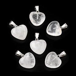 Хрусталь Природного кварца хрустальных подвесок, подвески из горного хрусталя, с петлями из платиновой латуни, пухлое сердце, 18~19x15~15.5x7~10 мм, отверстие : 6x2.5~3 мм