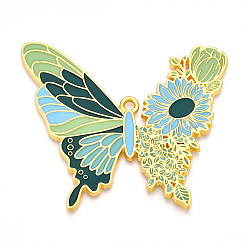 Светло-зеленый Подвески из эмалированного сплава с гальванопокрытием, без кадмия, без никеля и без свинца, бабочка с цветочными подвесками, золотые, светло-зеленый, 55x63.5x2 мм, отверстие : 2.5 мм