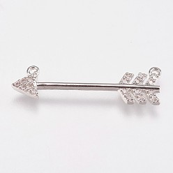 Platinum Brass Micro Pave Cubic Zirconia Pendants, Arrows, Platinum, 7x25x2mm, Hole: 0.8mm