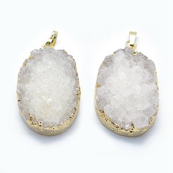 White Natural Quartz Pendants, with Golden Tone Brass Findings, Oval, White, 42~42.5x26~31x11~16mm, Hole: 5x8mm