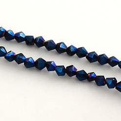 Blue Plated Electroplate Glass Bead Strands, Rainbow Plated, Faceted Bicone, Blue Plated, 3x3.5mm, Hole: 1mm, about 113~115pcs/strand, 36~36.5cm