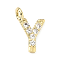 Letter Y Латунные микропаве прозрачные подвески с фианитом, без кадмия и без свинца, долговечный, стойки покрытие, реальный 18 k позолоченный, Письмо Y, 18x11.5x2.5 мм, отверстие : 2.5 мм