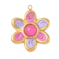 Ярко-Розовый Крашеные натуральный белый нефрит подвески, подвески-цветы из эмали из нержавеющей стали, реальный 18 k позолоченный, ярко-розовый, 24.5x20x4.5 мм, отверстие : 1.4 мм