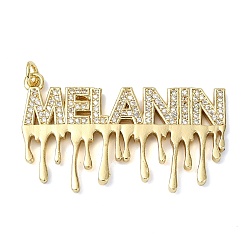 Настоящее золото 18K Латунные микропаве прозрачные подвески с фианитом, слово меланин амулеты, долговечный, стойки покрытие, без свинца и без кадмия, реальный 18 k позолоченный, 25x40.5x2.5 мм, отверстие : 3.5 мм