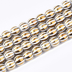 Золотистый Стеклянные бусины с гальваническим покрытием , круглый с полосой, золотые, 8x7.5 мм, отверстие : 1.2 мм, около 40 шт / нитка, 11.8 дюйм
