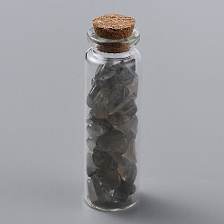 Labradorite Glass Wishing Bottle Pendant Decorations, with Natural Labradorite Chips Inside and Cork Stopper, 69.5~70.5x22mm