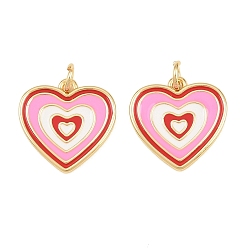 Pink Латунь эмаль подвески, сердце прелести, долговечный, стойки покрытие, без свинца и без кадмия, реальный 18 k позолоченный, розовые, 16x16x2 мм, отверстие : 3.5 мм