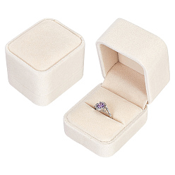 Бежевый ПВХ-упаковочные коробки с бархатными кольцами, прямоугольные, бежевые, 6.1x5.2x4.8 см