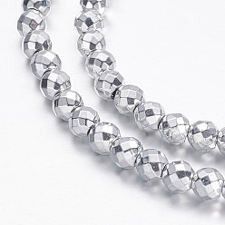 Platinum Plated Electroplate Non-magnetic Synthetic Hematite Beads Strands, Faceted(64 Facets), Round, Platinum Plated, 4mm, Hole: 1mm, about 98pcs/strand, 15.7 inch