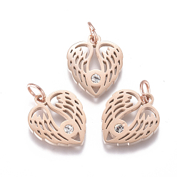 Real Rose Gold Plated 316 Surgical Stainless Steel Pendants, with Micro Pave Cubic Zirconia and Jump Ring, Long-Lasting Plated, Heart Wing, Clear, Real Rose Gold Plated, 14.7x12.3x1.5mm, Hole: 3.5mm