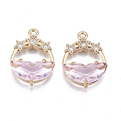 Pink Faceted Transparent Glass Pendants, with Brass Crystal Rhinestone Findings, Flat Round with Star, Light Gold, Pink, 21x15x5mm, Hole: 1.4mm