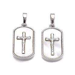 Платина Подвески из латуни и ракушек, без кадмия и без свинца, подвески в виде прямоугольника и креста, платина, 20x11x3 мм, отверстие : 6x3.5 мм