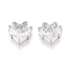 Платина Латунные микро проложить кубического циркония подвески, сердце с бантом, платина, 11x11x5.5~6 мм, отверстие : 1.6 мм