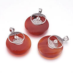 Красный Агат Природные сердолик подвески, с латунной фурнитурой платинового цвета, плоские круглые с дерева жизни, окрашенная и подогревом, 32x28x6 мм, отверстие : 4x5 мм