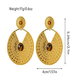 Настоящее золото 18K 304 серьги-гвоздики из нержавеющей стали с натуральным тигровым глазом в стиле бохо, плоско-круглые, реальный 18 k позолоченный, 53x40 мм