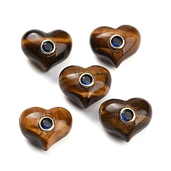 Ojo de Tigre Granos del ojo del tigre natural,, corazón, con hallazgos de circonita cúbica engastada en latón, dorado, 14x17~17.5x11.5~12 mm, agujero: 1.6 mm