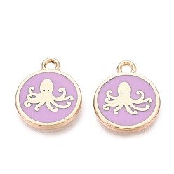 Violet Alloy Enamel Pendants, Rack Plating, Flat Round & Octopus Charms, Golden, Violet, 16x13x1.5mm, Hole: 1.8mm