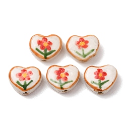 Оранжевый Фарфоровые бусины ручной работы, Сердце со цветками , оранжевые, 12~12.5x14~15x6.5~7 мм, отверстие : 1.8 мм