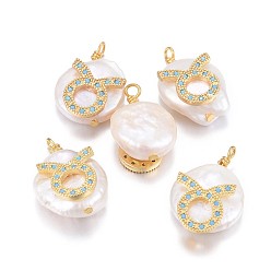 Taurus Natural Cultured Freshwater Pearl Pendants, with Brass Micro Pave Cubic Zirconia Findings, Nuggets with Constellation, Golden, Deep Sky Blue, Taurus, 17~22x11~16x5~11mm, Hole: 1.6mm