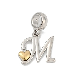 Letter M Латунные европейские подвески с подвесками, подвески в форме сердца с большими отверстиями, платиной и золотом, Буква М, 25.5~30.5 мм, отверстие : 6 мм
