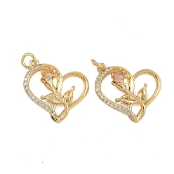 Настоящее золото 16K Латунные микро проложить кубического циркония подвески, Сердце со цветками , с целью перехода в кольце, реальный 16 k позолоченный, 18x21x4 мм, отверстие : 3.5 мм