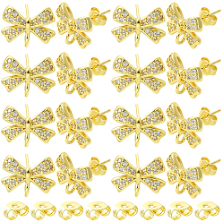 Настоящее золото 18K 5 пары стоек с покрытием из латуни и кубического циркония, фурнитура для сережек-гвоздиков, без свинца и без кадмия, долговечный, бантом, 20 гайки ушные пластиковые, реальный 18 k позолоченный, 10x13 мм, отверстие : 1.8 мм, штифты : 12x1 мм