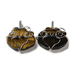 Tiger Eye Natural Tiger Eye Copper Wire Wrapped Pendants, Cloud Charms, Rack Plating, Platinum, 47~49x44.5~46x13~13.5mm, Hole: 6~7.5x4.5~5mm